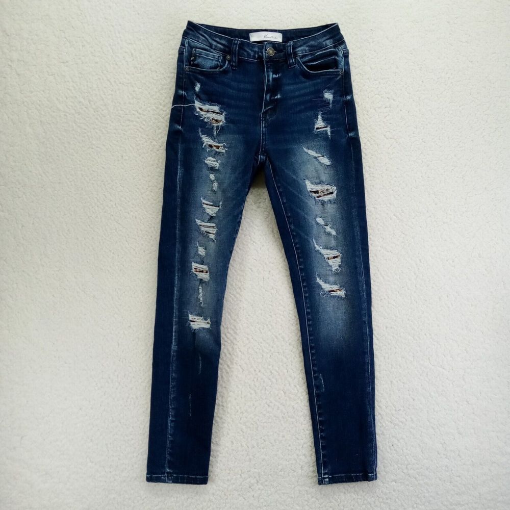 KanCan Jeans Womens 3/25 Distressed Stretch Dark Denim Cotton Blend‎